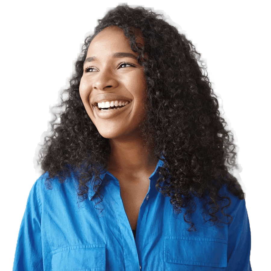 Happy young female in blue shirt